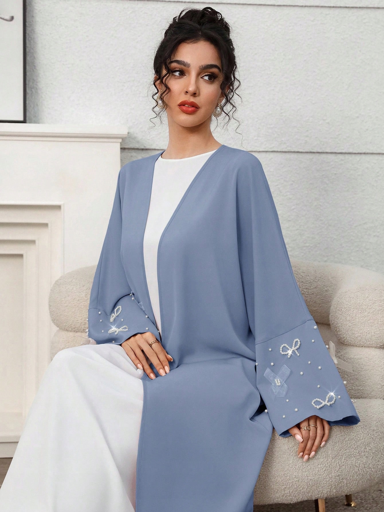 Kimono Maxi Modré Otevřené S Perlami Zvonový Rukáv Shein M 38