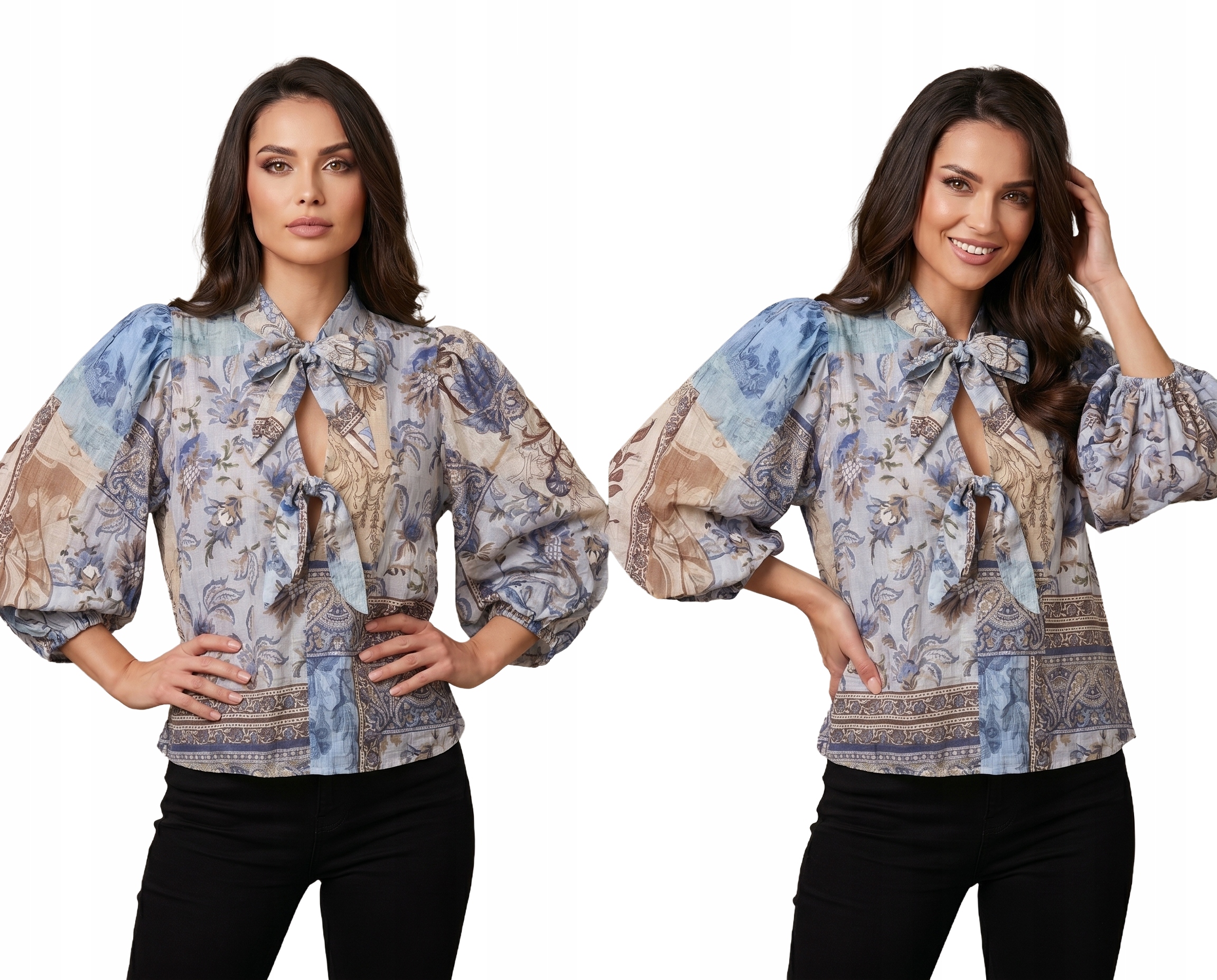Elegantní Dámská Halenka S Vázáním Květiny Stylový Výstřih Premium Lamiar Modrá