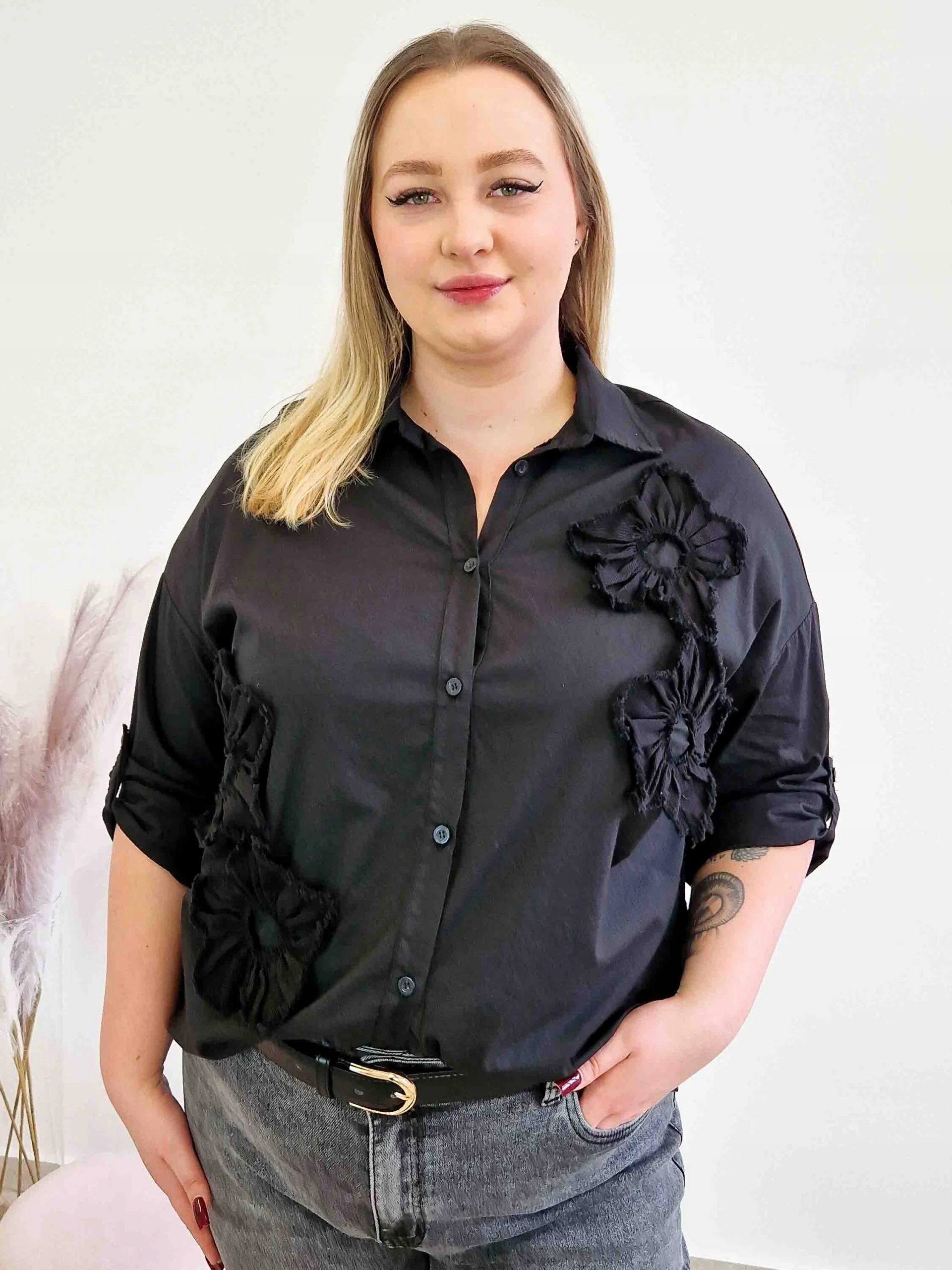 Bavlněná dámská košile Oversize s 3D květy, černá, Uni