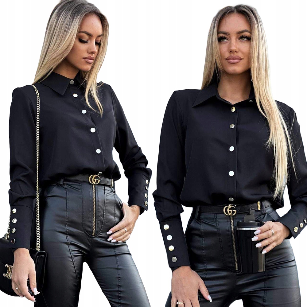 Dámská černá košile s límečkem a zlatými knoflíky, velikost XL