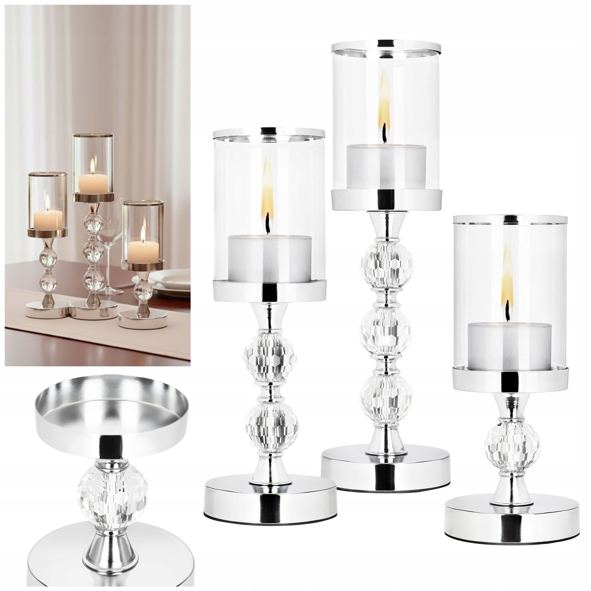 3x Svícen Sada Kovový Skleněný Lanterna Stříbrná Dekorace Glamour