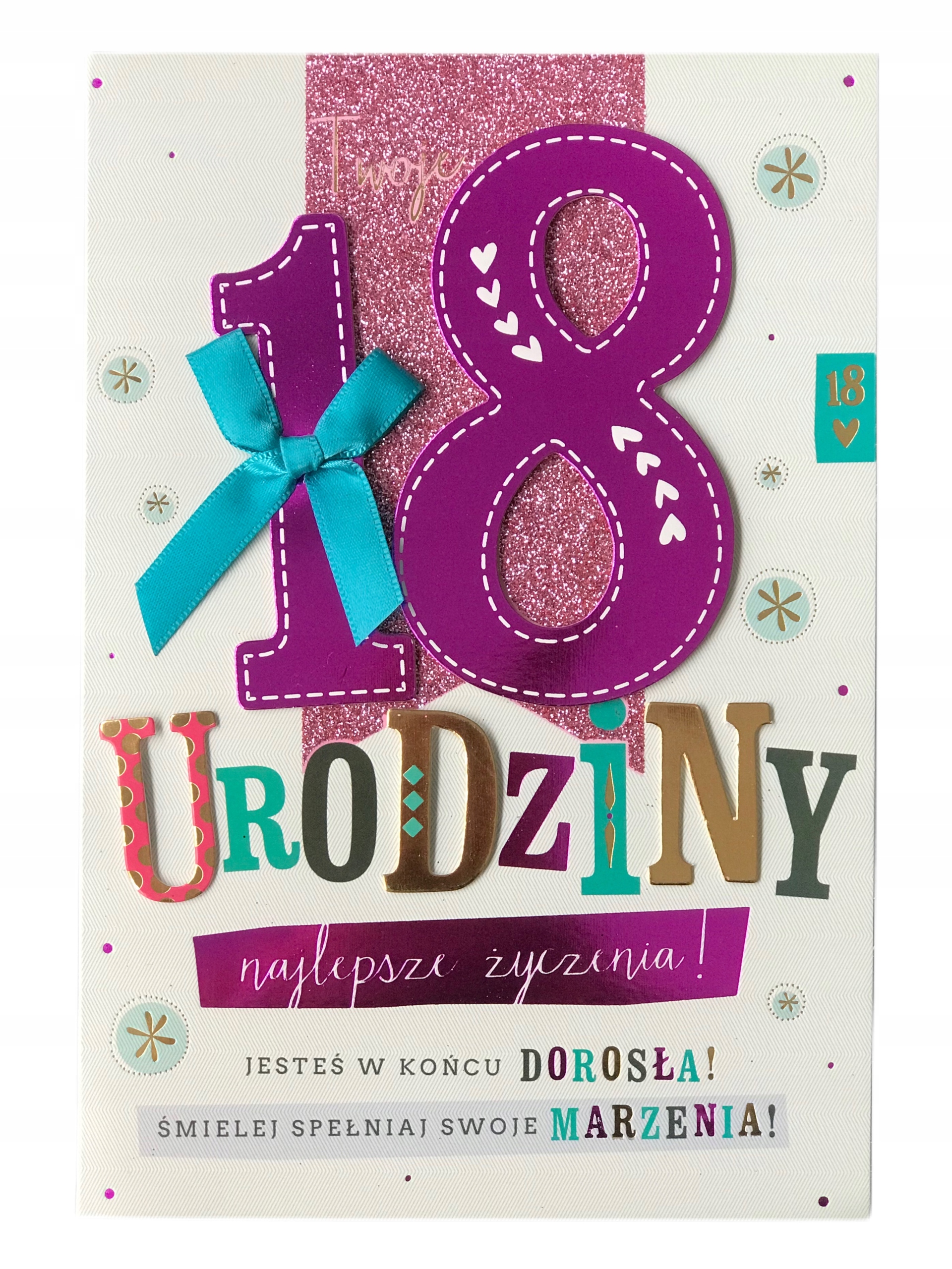 KARTKA NA OSIEMNASTKĘ BŁYSZCZĄCA WSTĄŻKA 14x19,5