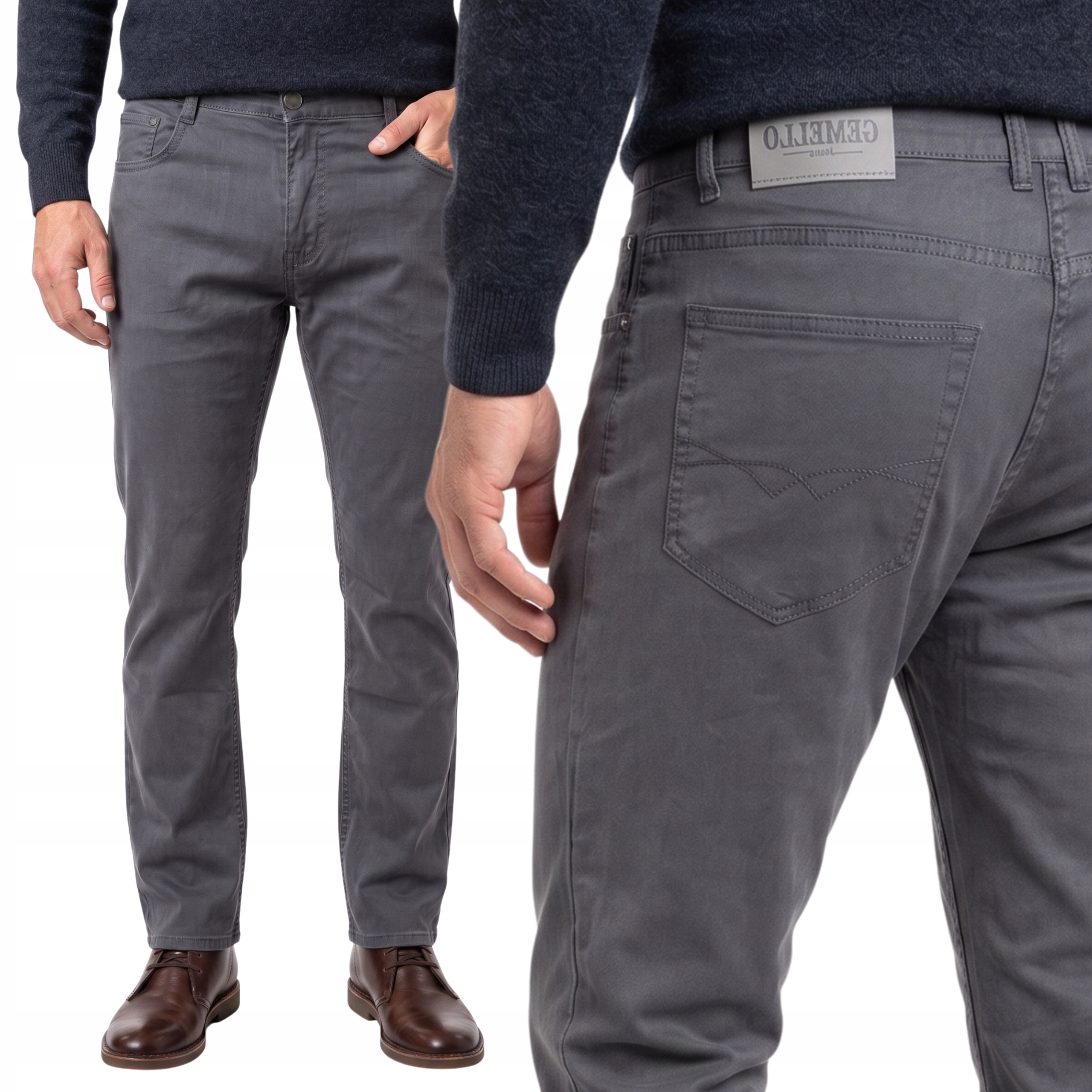 Spodnie Męskie Materiałowe Bawełniane Antracytowe Letnie Gładkie W42