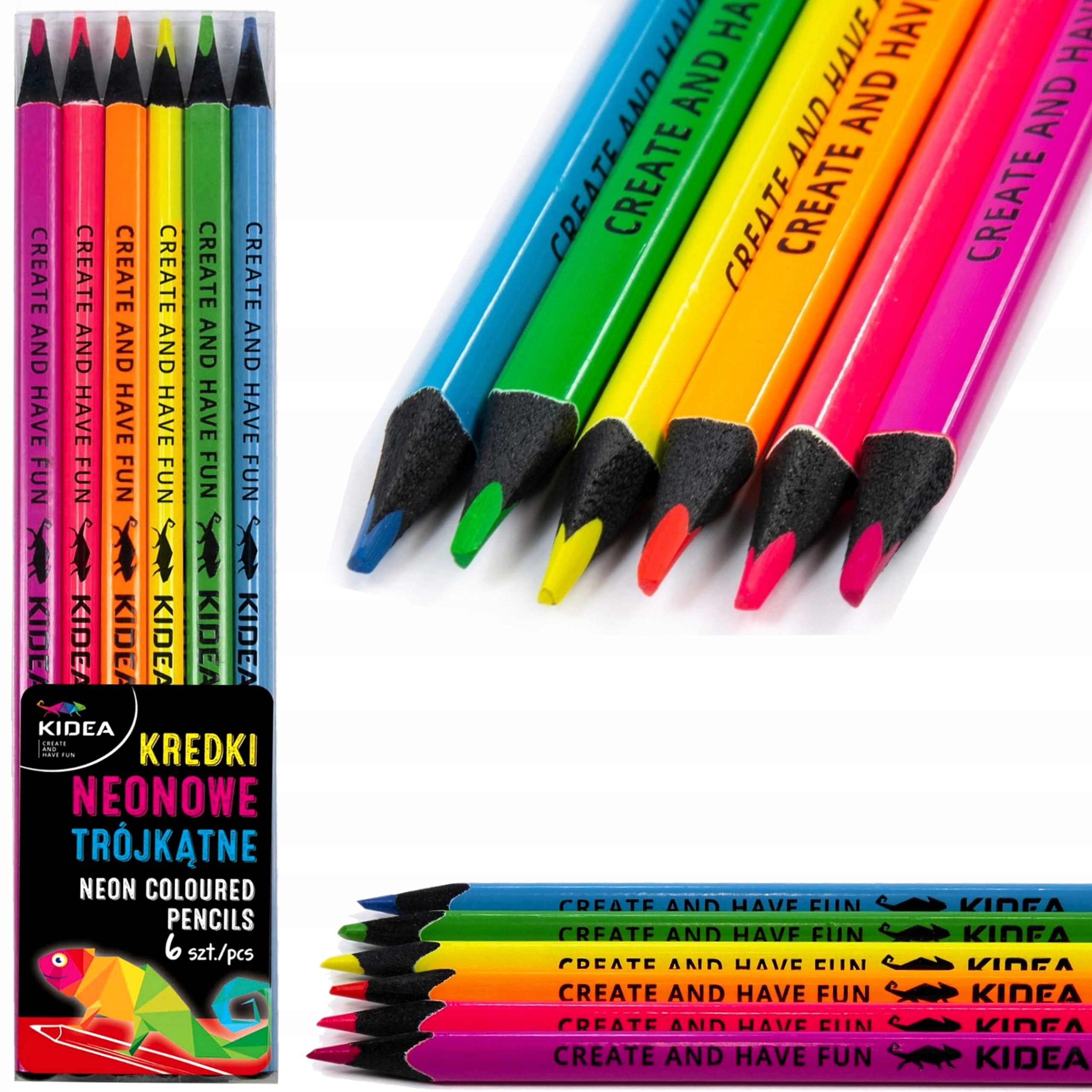 KREDKI TRÓJKĄTNE SZKOLNE OŁÓWKOWE INTENSYWNE NEONOWE KIDEA 6 KOLORÓW