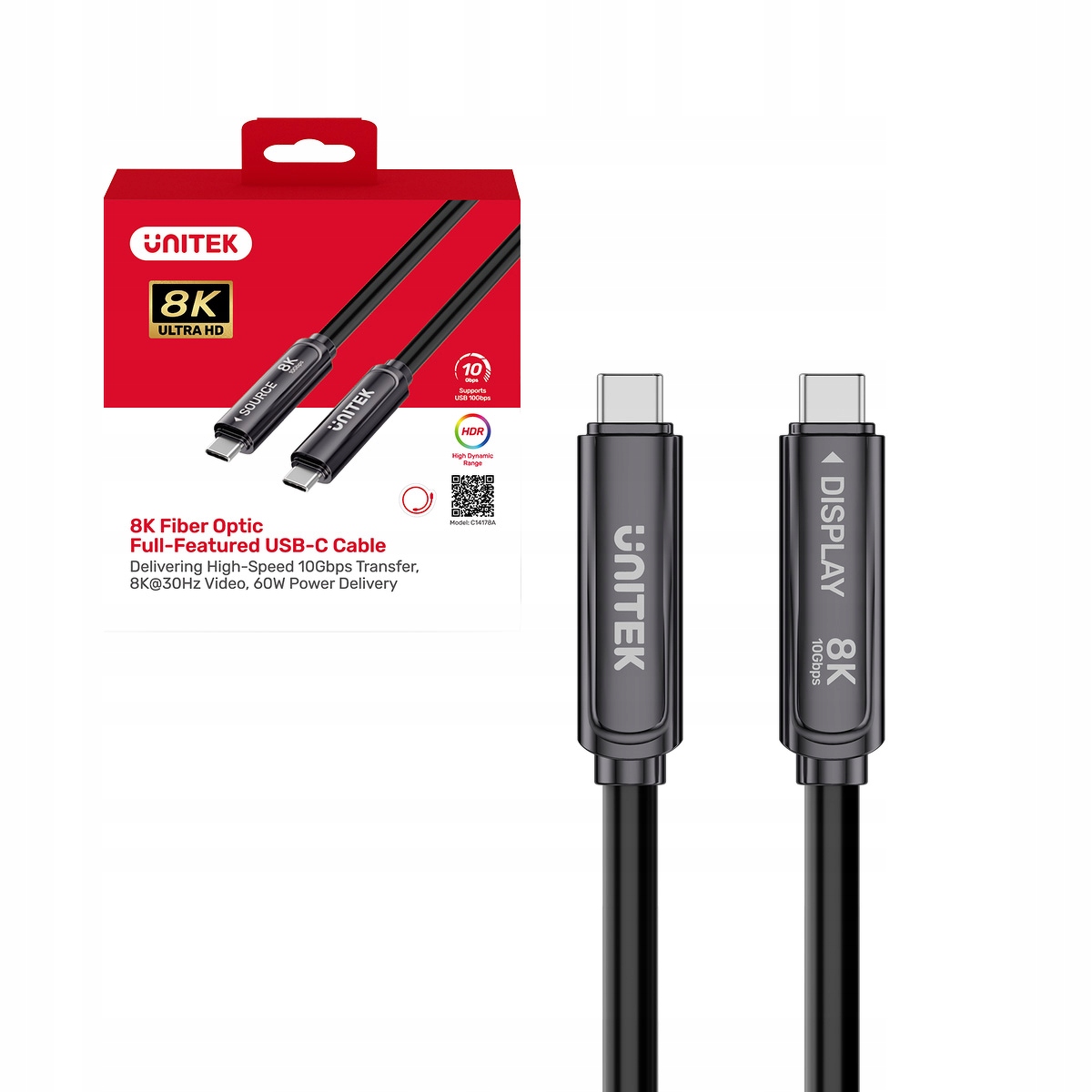 Unitek Optický kábel Usb-c 10Gbps PD60W 8K@30Hz čierny, 7 m