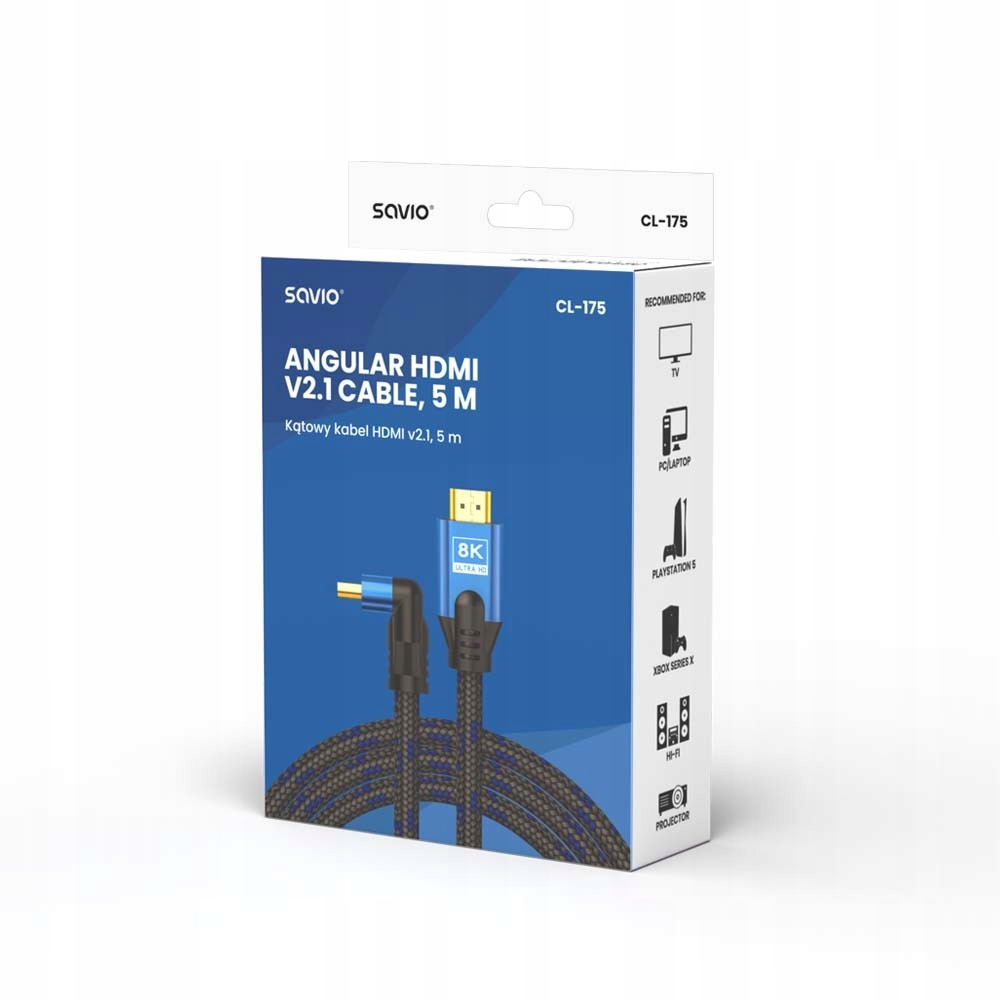 Kabel HDMI (M) v2.1, kątowy, 5m, 8K, miedź,,,, Marka Savio