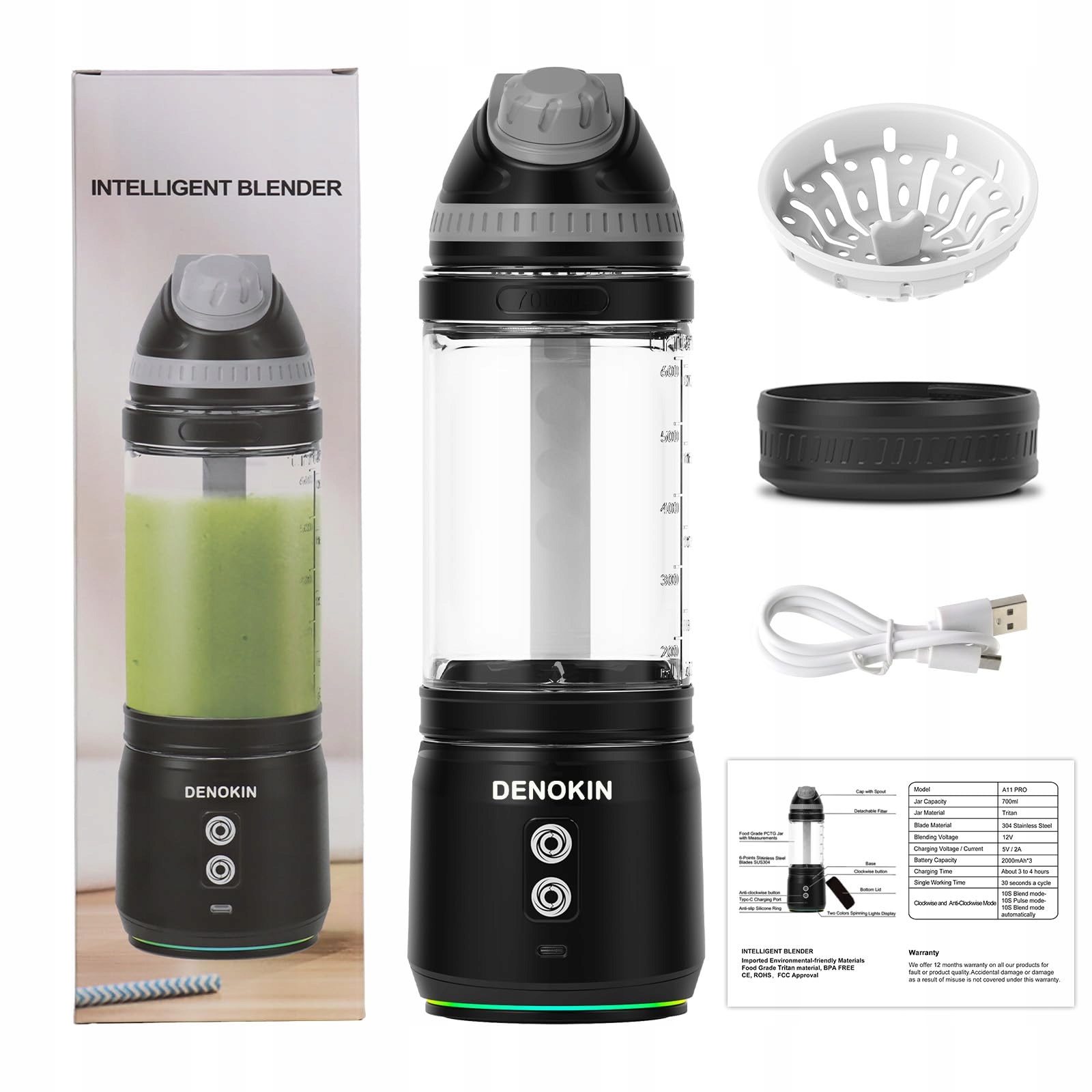DENOKIN Przenośny Blender 700ml Smoothie Maker 6 Ostrzy BPA Free — miniatura 7