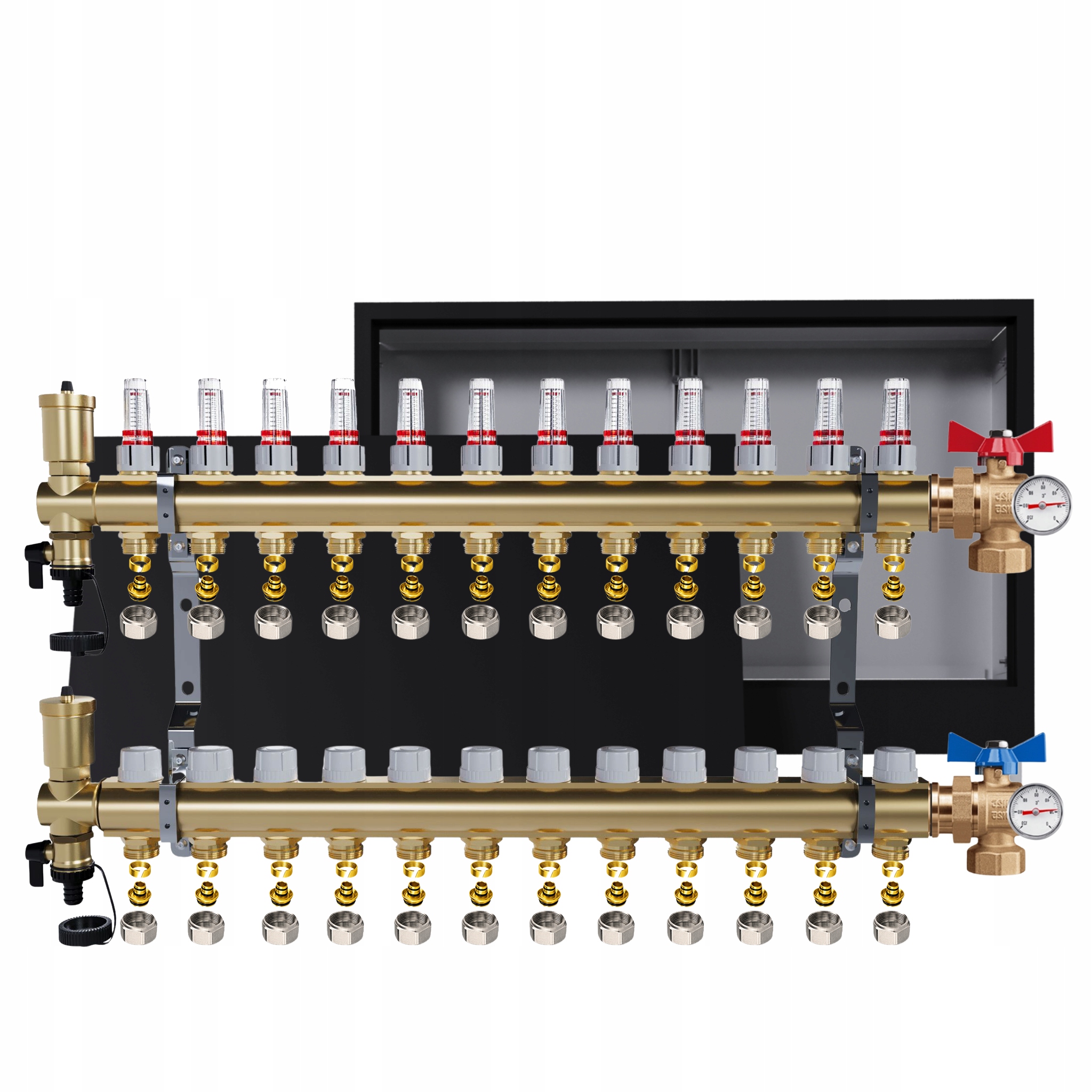 Rozdělovač podlah 12 okruhů úhlové ventily teploměry skříňka Pex