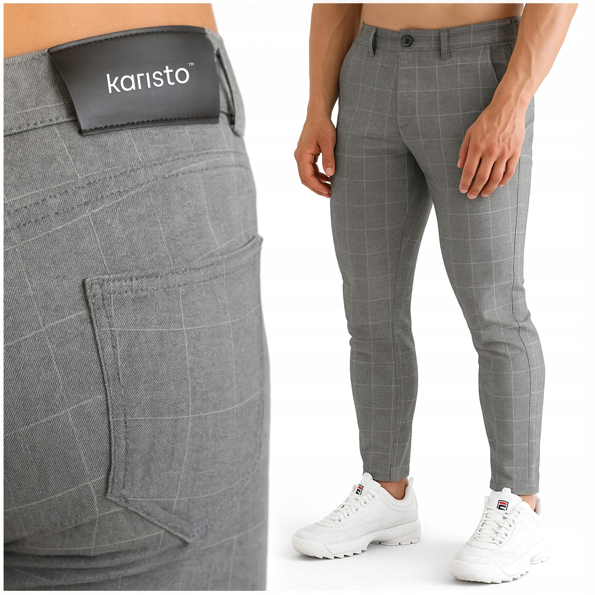 Spodnie Męskie Wizytowe Materiałowe Elastyczne w Kratę Szare 30