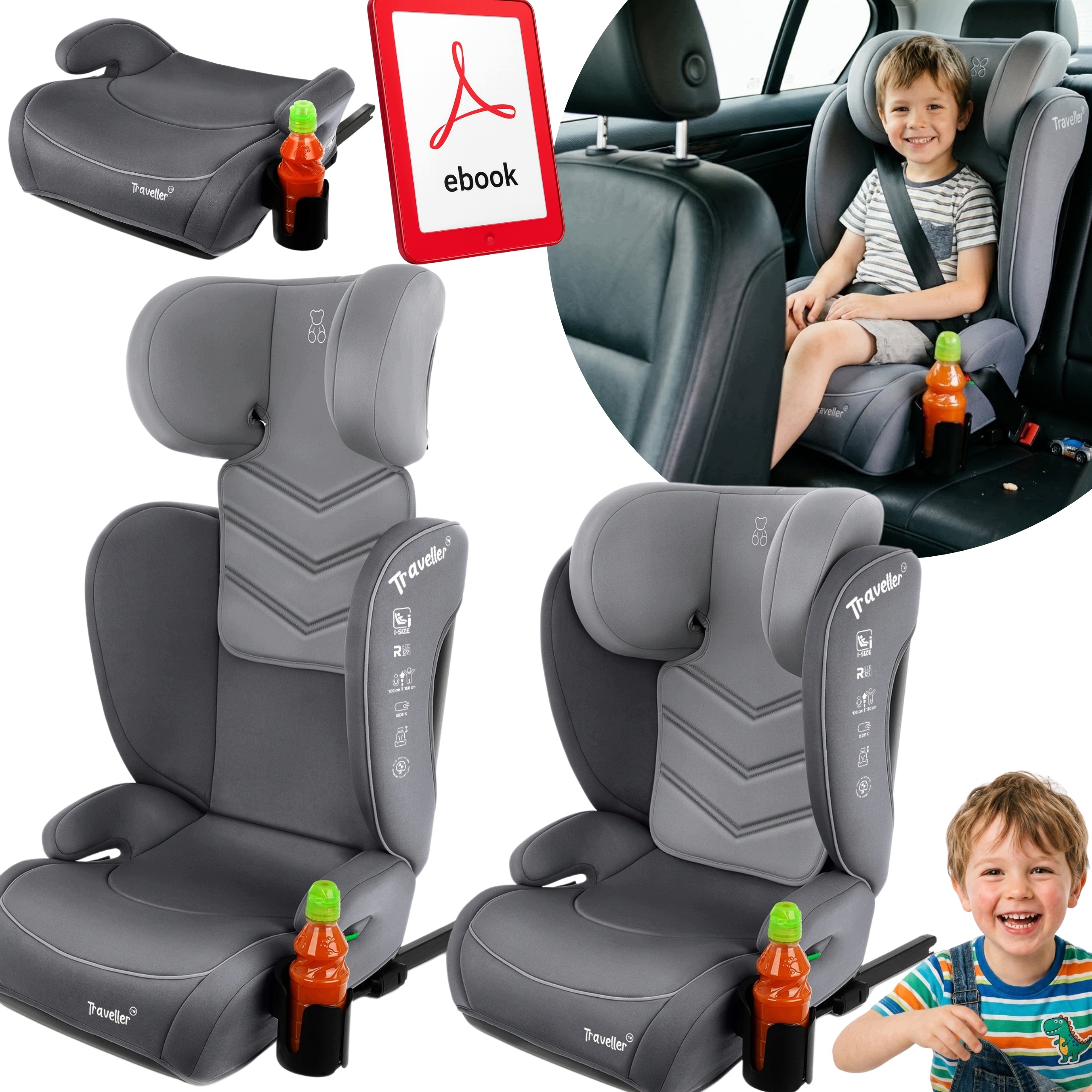 Fotelik Samochodowy 100-150cm i-Size Isofix 2w1 Organizer Szary +Ebook