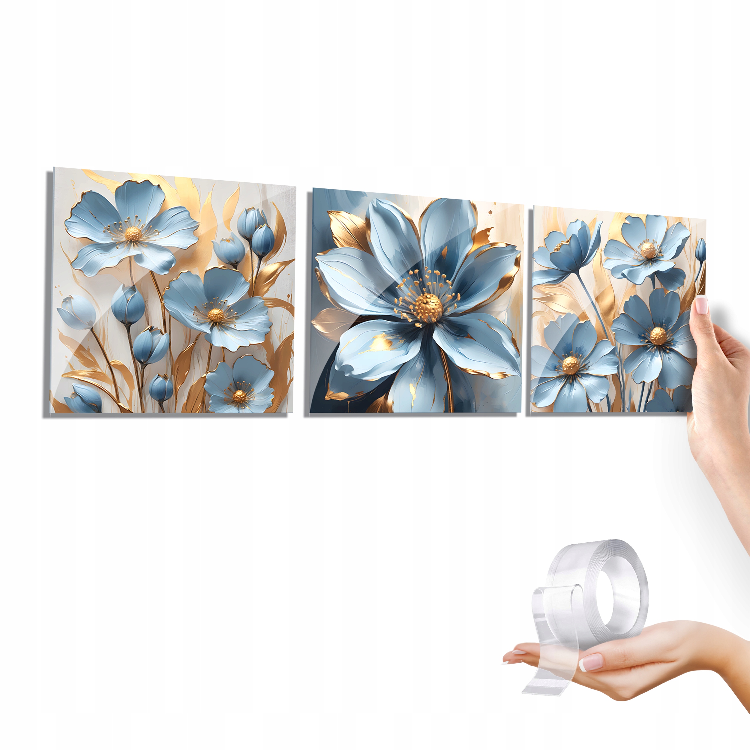 Obrazy na zeď modré květiny zlaté na plexiskle triptych 60x20