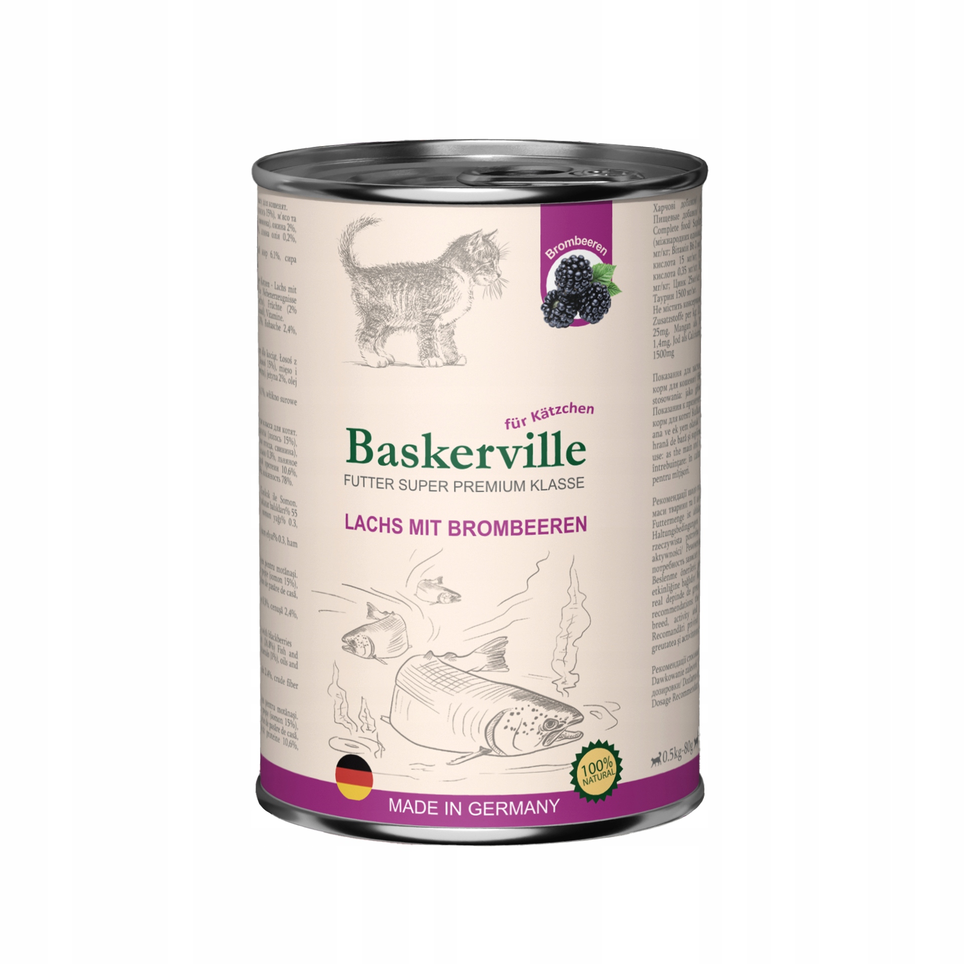 Baskerville Premium vlhké krmivo pro kitten Losos Ostružina 6x400g