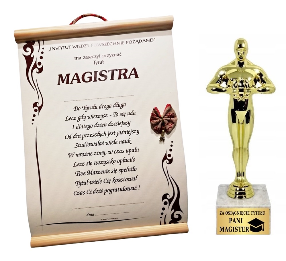 

Statuetka i dyplom Pani Magister obrona