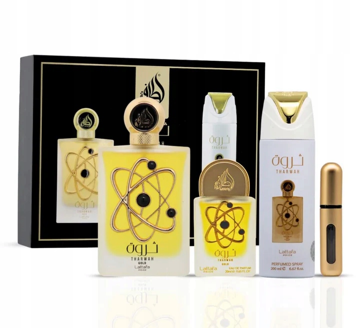 Zestaw Lattafa Tharwah Gold 100ml EDP+20ml Edp+ Deo 200ml+Perfu
