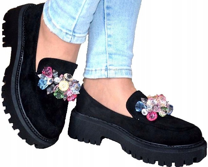 Buty Damskie Mokasyny Czarne Z Krysztalkami Obcas Lekkie