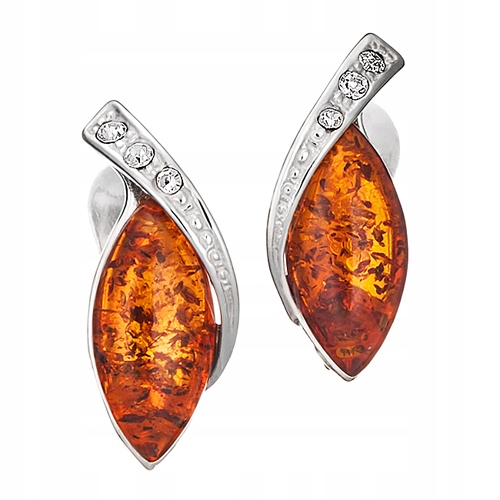 Stříbrné Náušnice na puzetu se zapínáním s Jantarem a zirkony ze Stříbra 925
