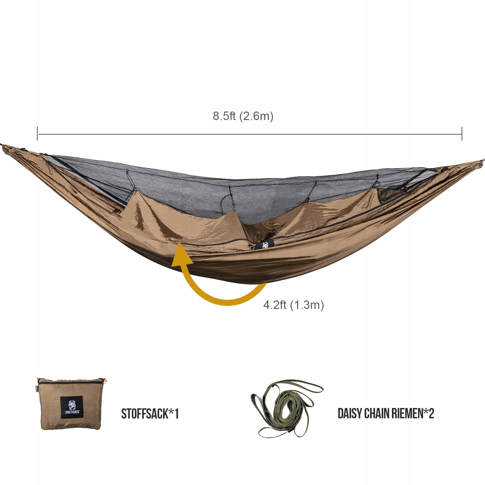 ONETIGRIS KOMPOUND Hamak 1 Osoba z Moskitierą 260x130cm Koyote Brown — miniatura 3