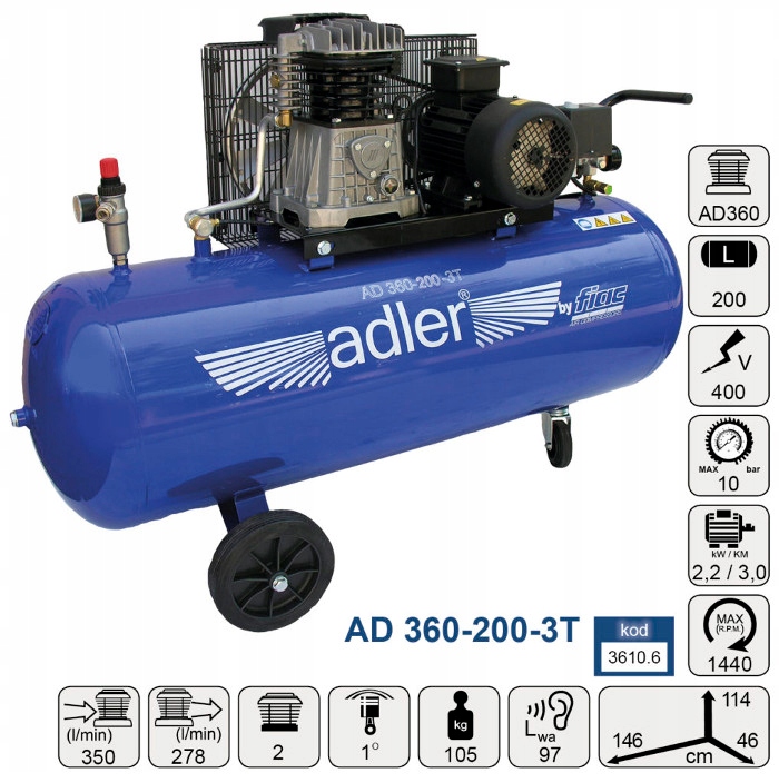 KOMPRESOR SPRĘŻARKA 200L 10 BAR 350 l/min WŁOSKI Zasilanie sieciowe