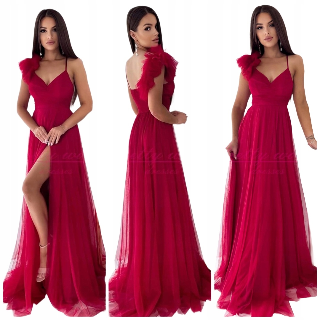 Milagros Bordowa Sukienka Długa Sukienka tiulowa księżniczka bal wesele 40