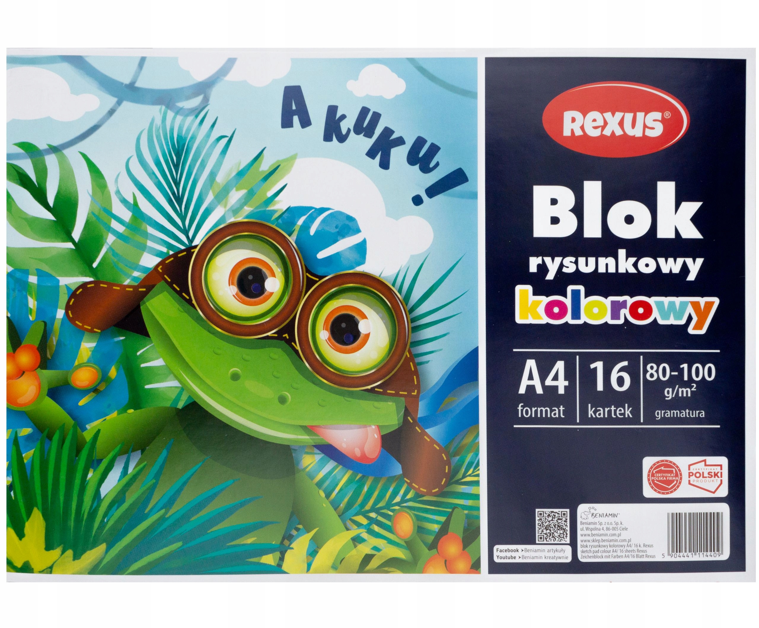 BLOK RYSUNKOWY KOLOROWY 16 KARTEK A4 BENIAMIN 90g Kod producenta 603478