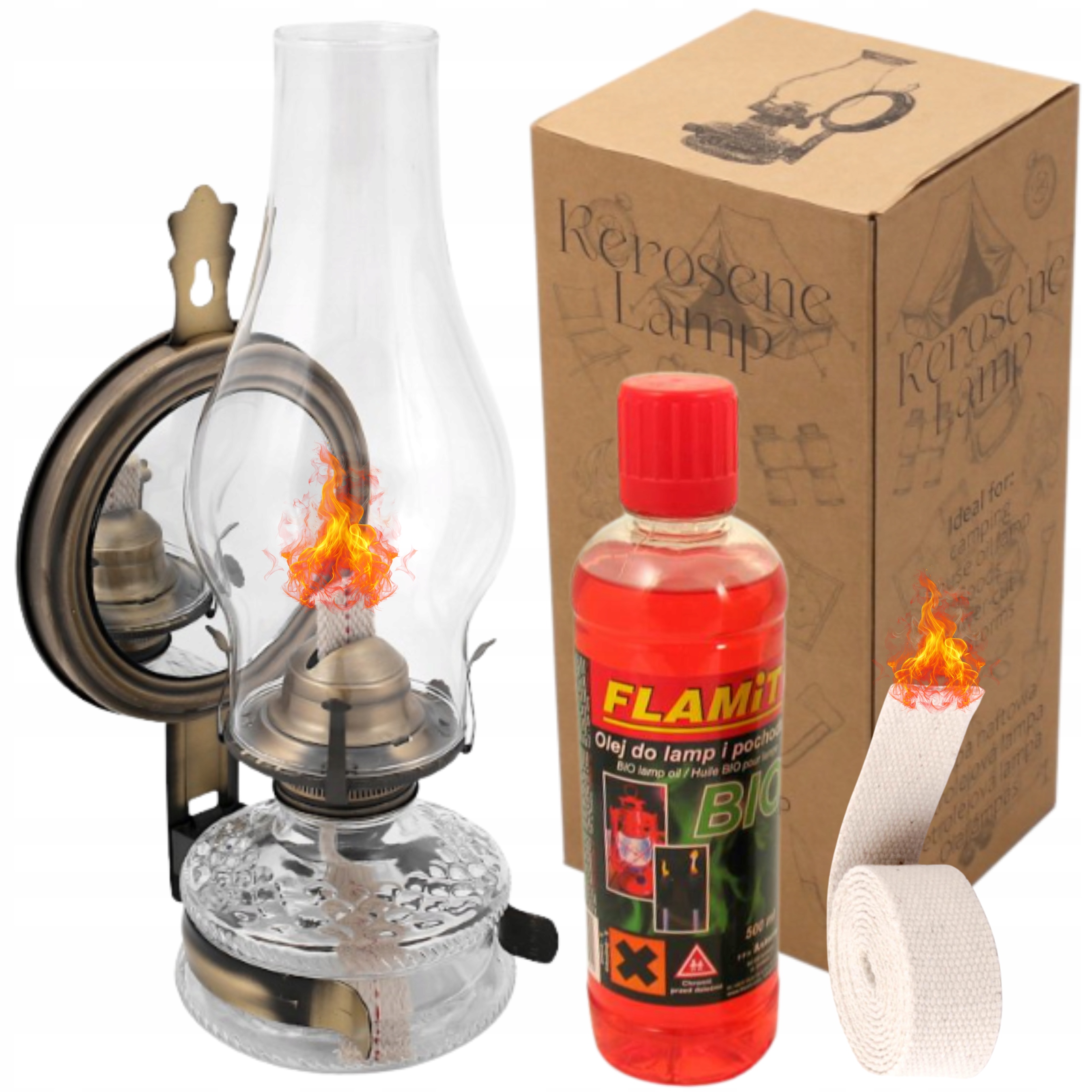 Lampa naftowa olejowa z lustrem Retro Vintage Antyczna Olej Knot Zestaw 3w1