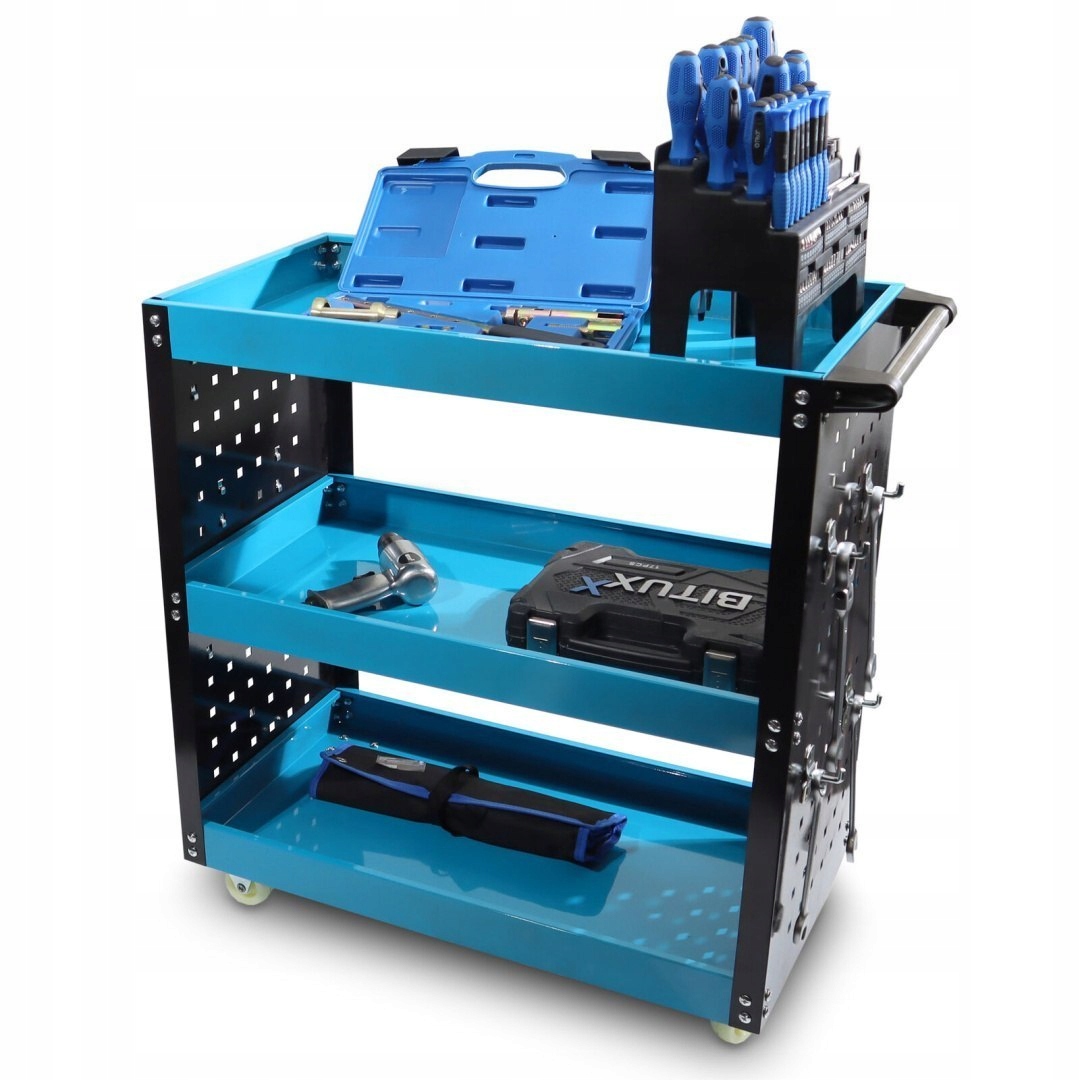 Dílenský vozík se 3 policemi a perforovanou stěnou je ideální pro kutily