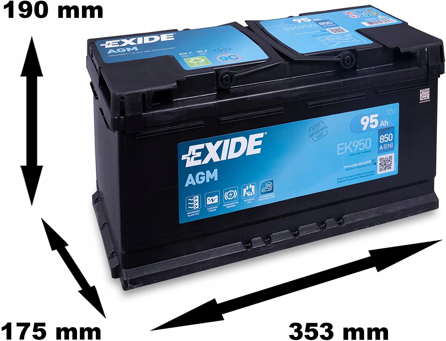 AKUMULATOR EXIDE AGM 95Ah 850A Part number AGM95SS