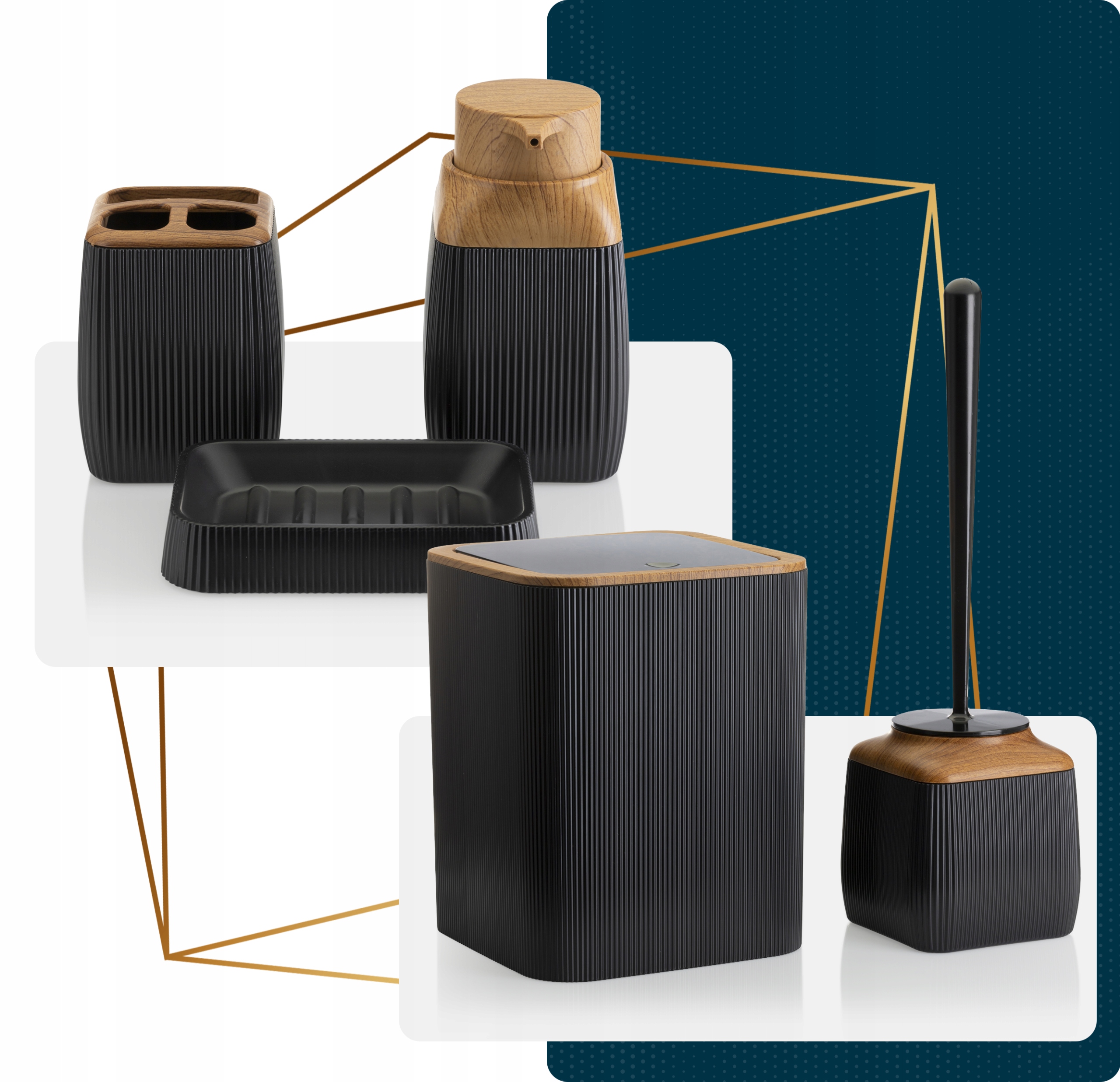 Komplet łazienkowy Crystal Zestaw Akcesoria 5 elementów czarny drewno 5w1 Marka HowHomely