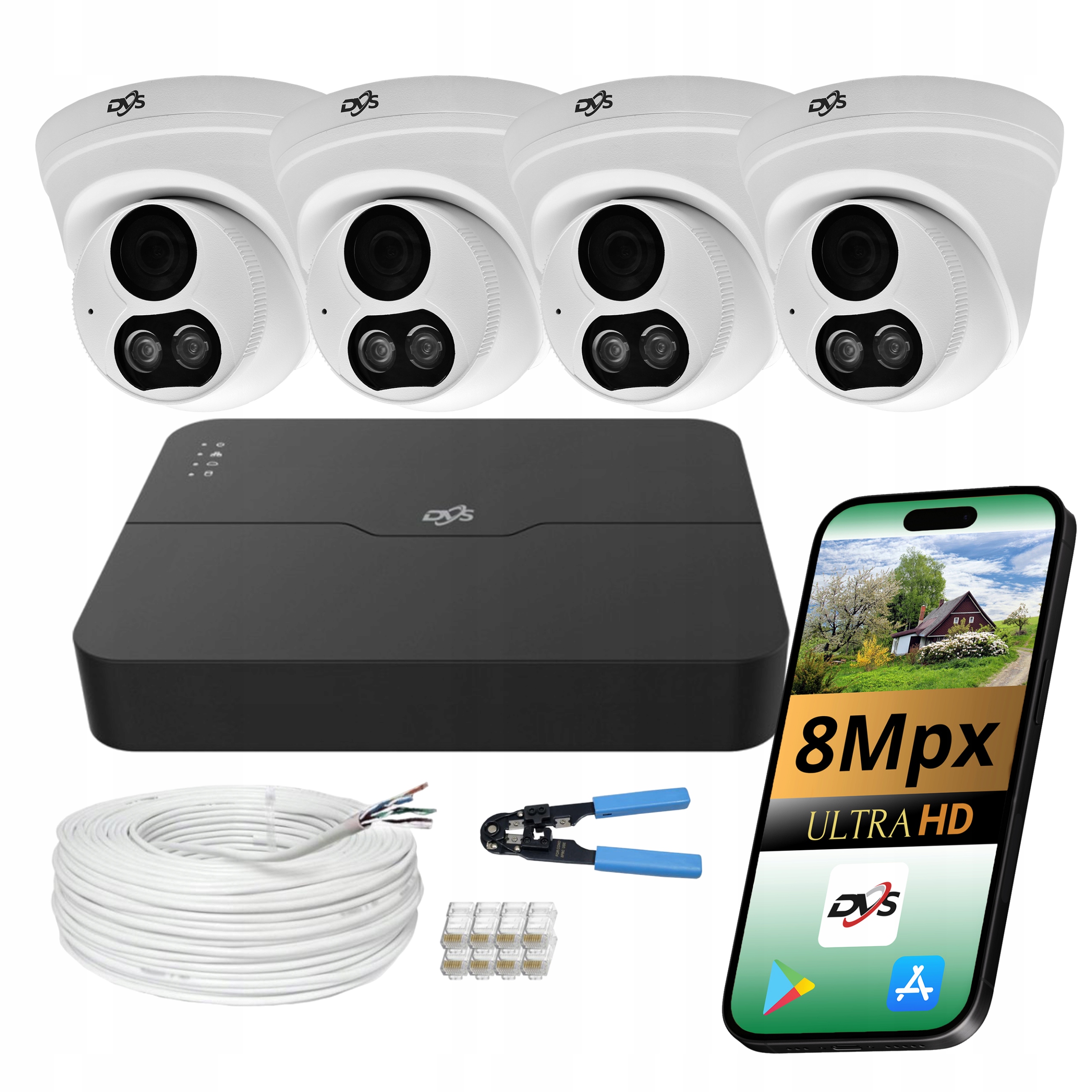 Ip monitorování PoE 4 kamery kopule 8Mpx 4K Audio IP67 sada pro domácnost Dvs