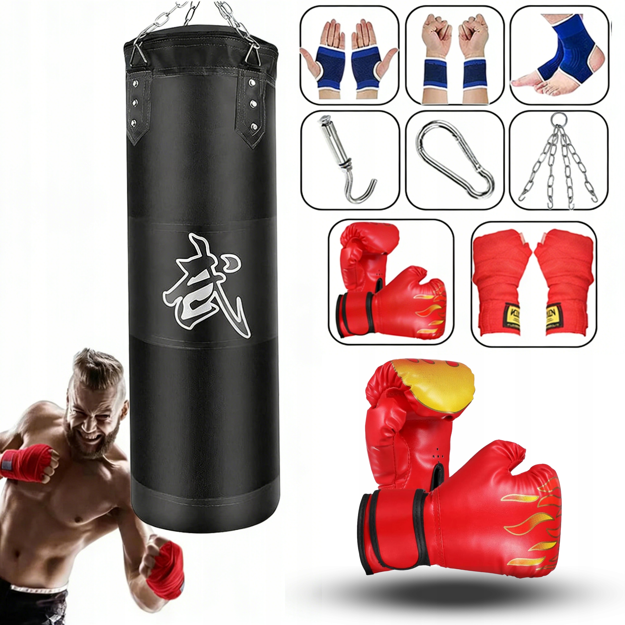 Boxovací sada 120×35 cm Závěsný boxovací pytel bezplatné akcesoria