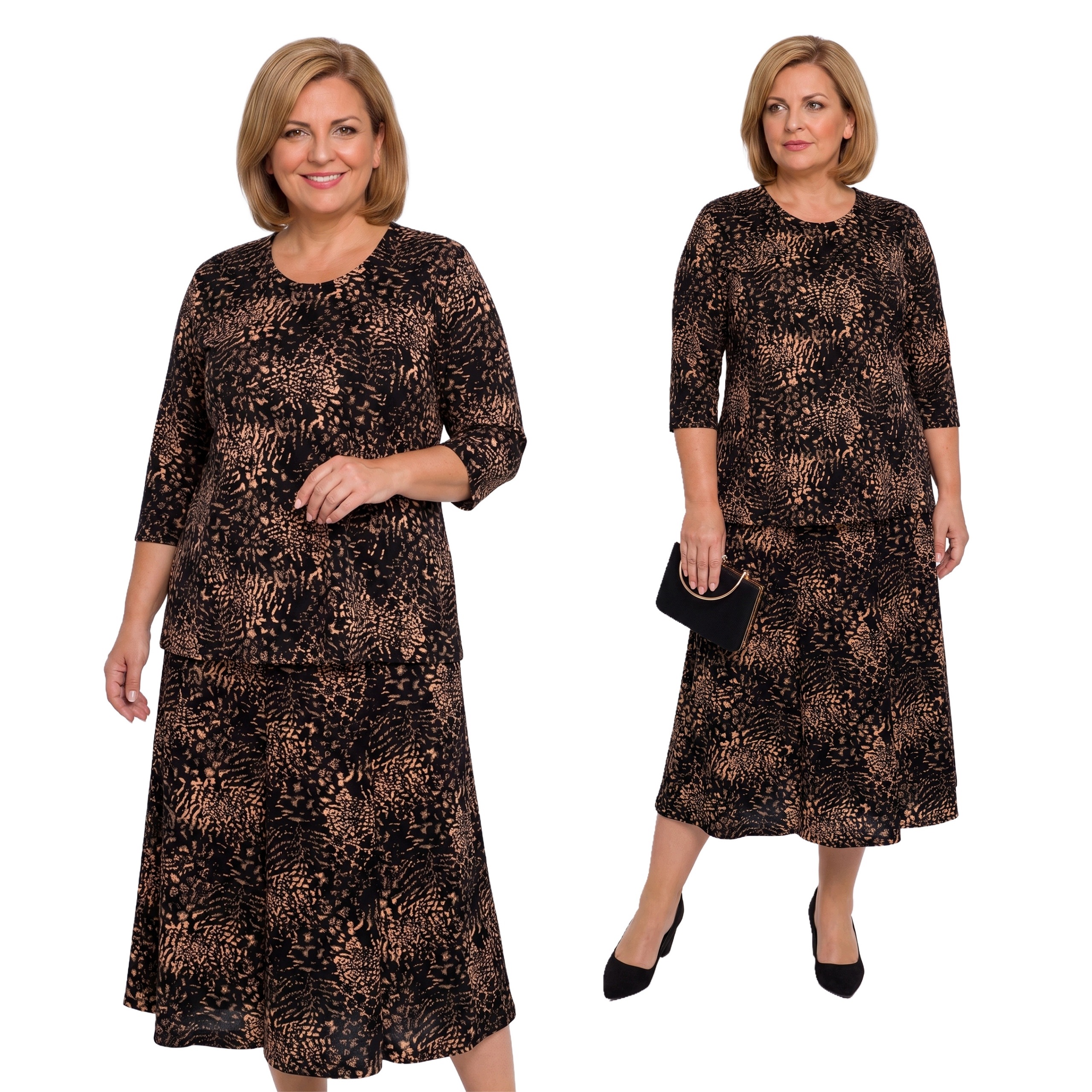 Teplý černý komplet se zvířecími vzory plus size velikost 60/62
