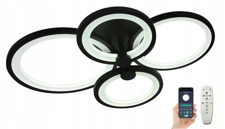 Stropná Lampa Stropné Svietidlo AjieQaQ Led Luster Čierna 4 Ring S Diaľkový Ovládač App 62CM