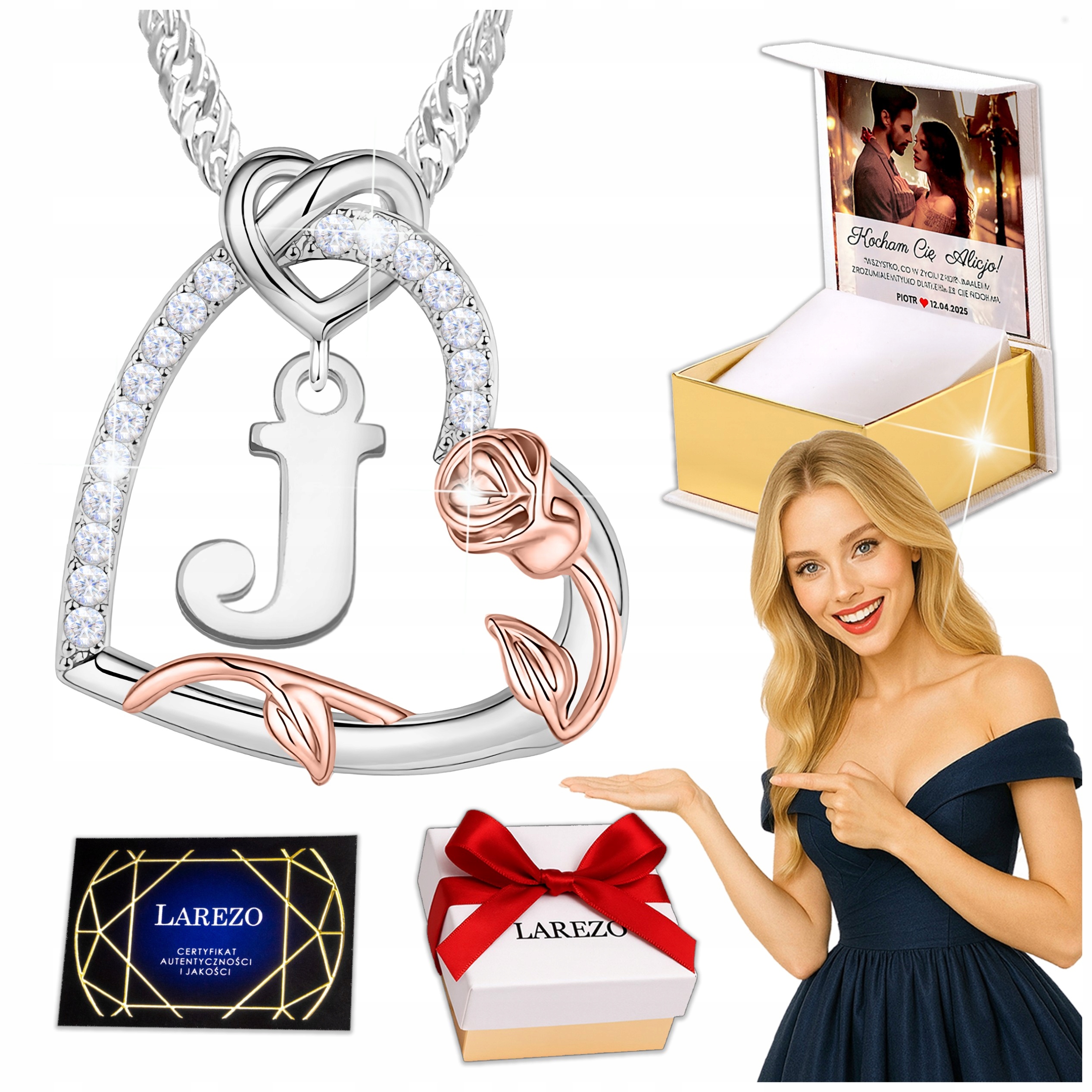 Stříbrný náhrdelník 925 Písmeno J Srdíčko se Zirkony a Růže Potisk