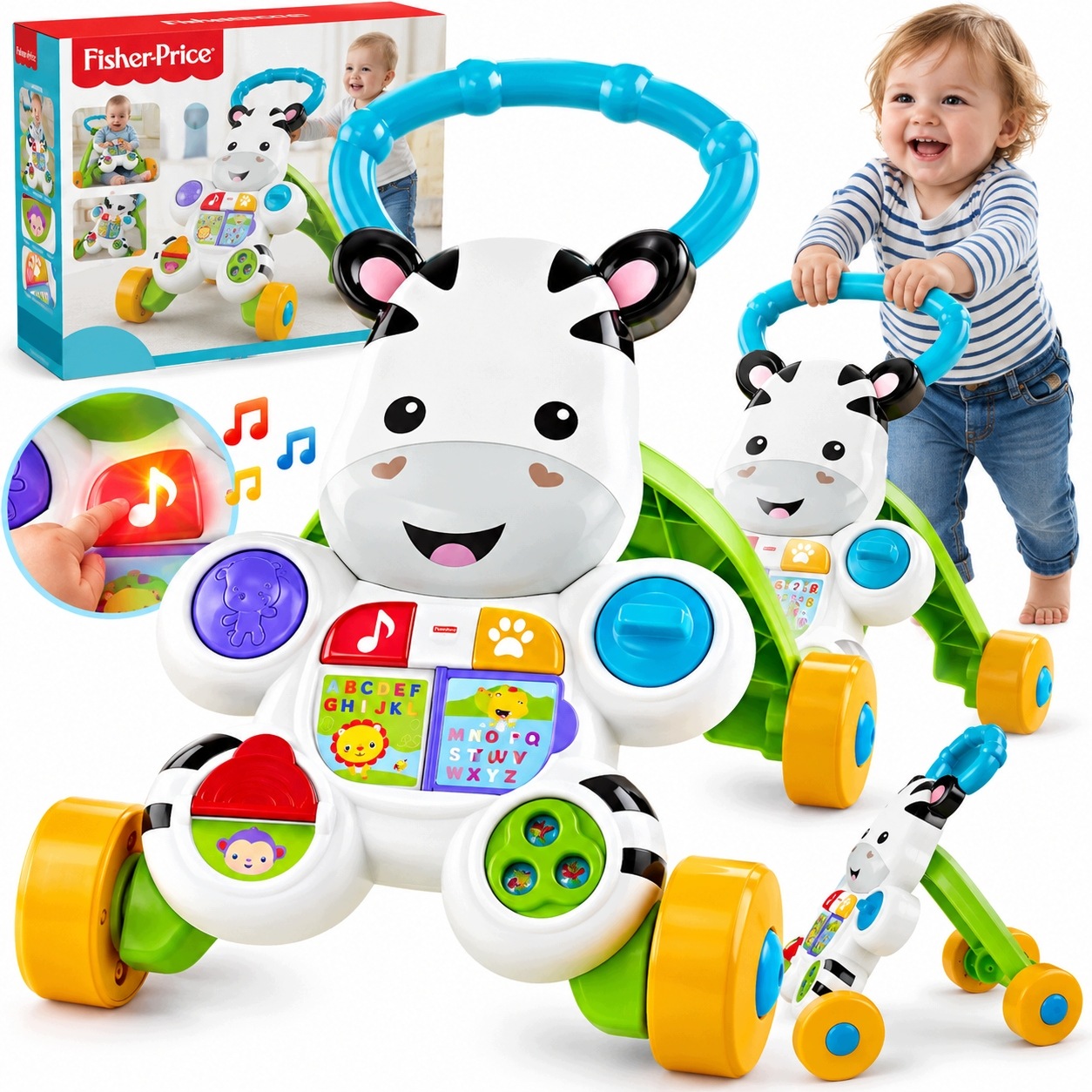 Fisher Price pchacz nowoczesny chodzik z guzikami nauka chodzenia