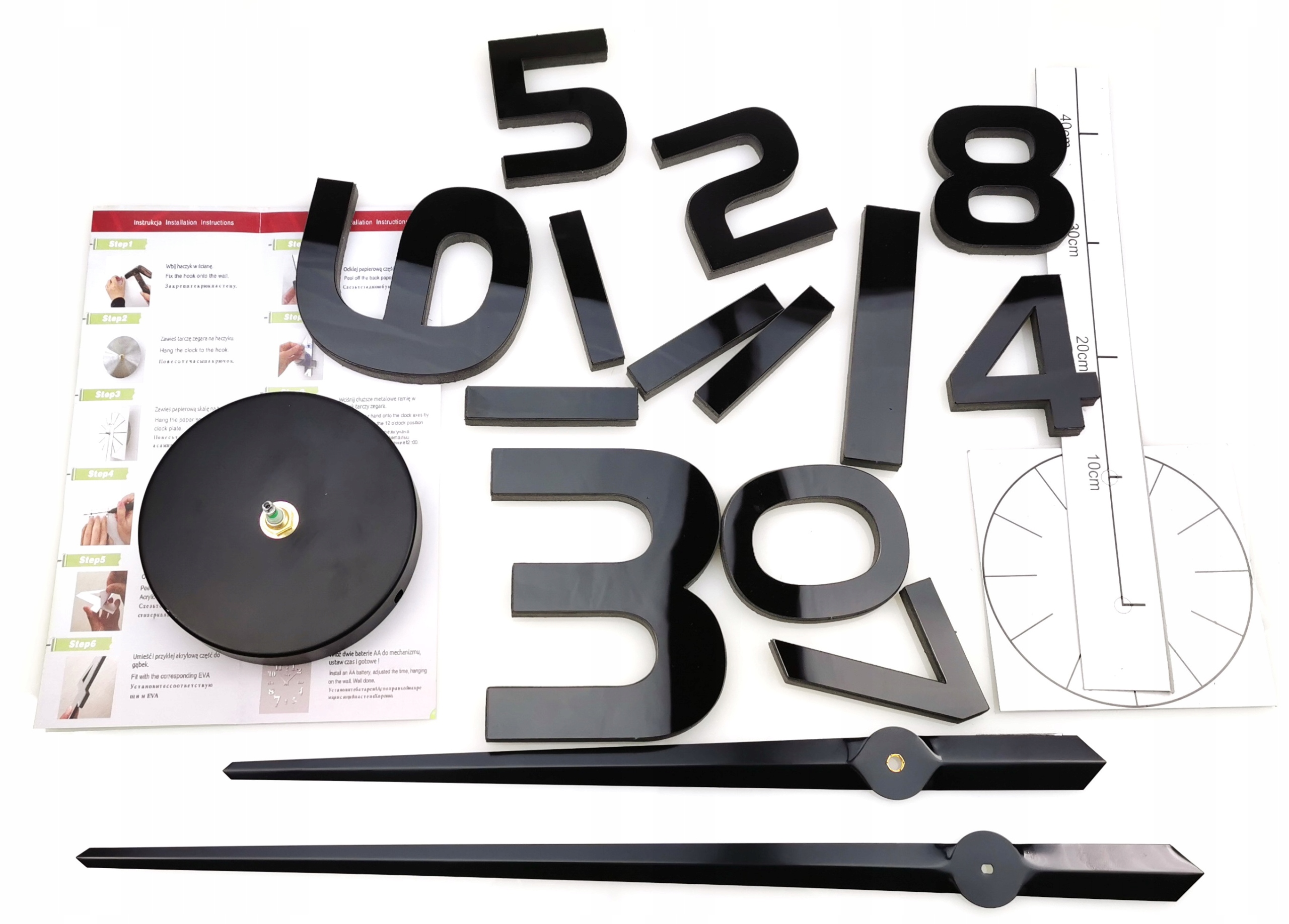 ZEGAR ŚCIENNY DUŻY LUSTRZANY EFEKT 3D NOWOCZESNY NAKLEJANY NA ŚCIANĘ DIY Szerokość całkowita 130 cm