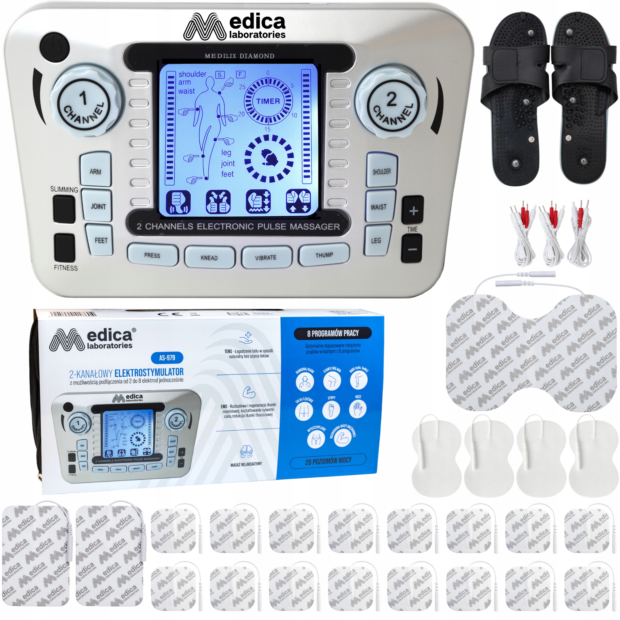 Elektrostymulator Mięśni Masażer Tens Ems +elektrody+baterie Zestaw XXL