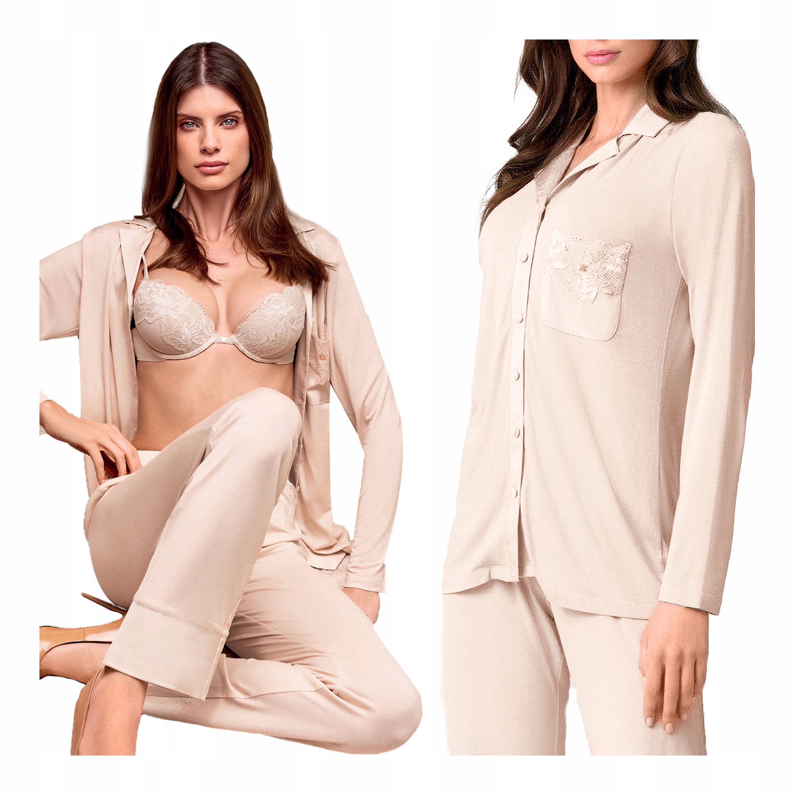 Dámské rozepínací saténové pyžamo s dlouhým rukávem a kalhotami Lormar 3XL