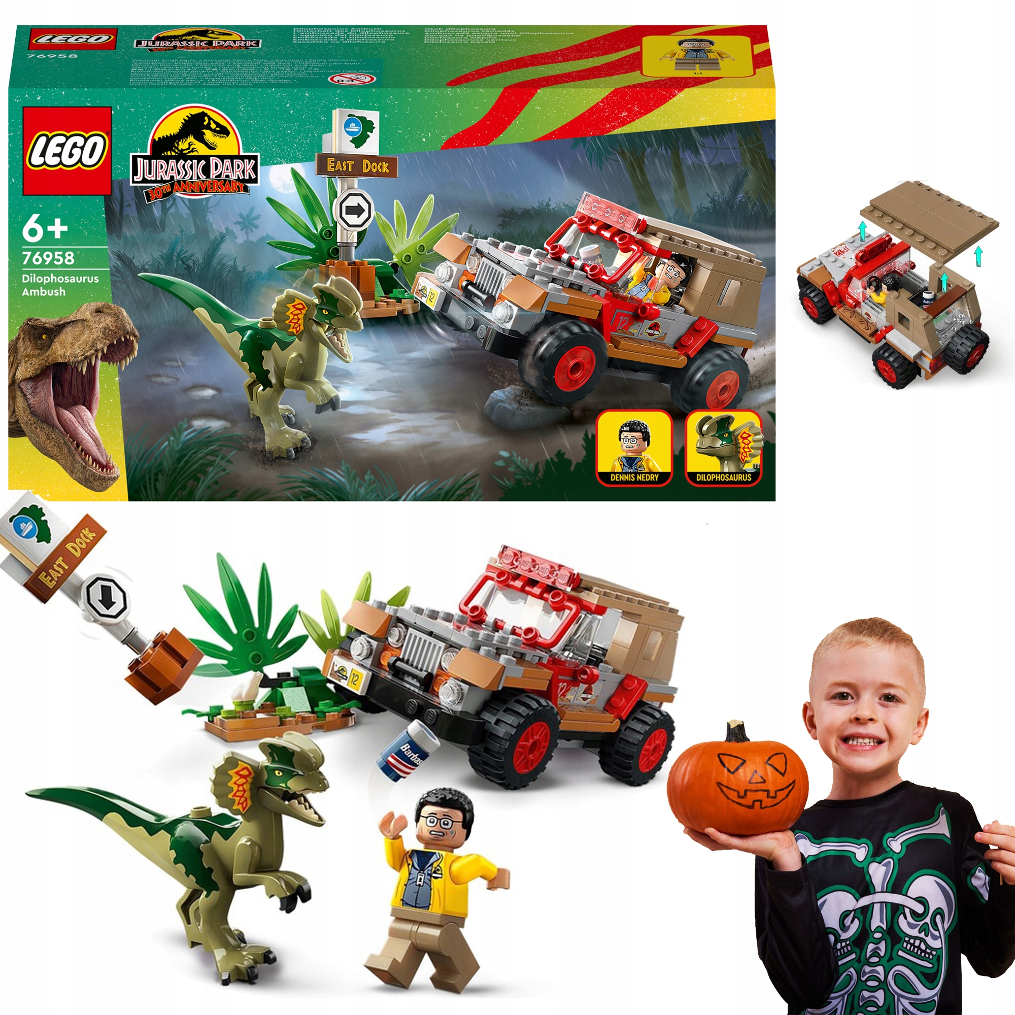 LEGO JURASSIC WORLD JEEP ZASADZKA NA DILOFOZAURA MAŁA DŻUNGLA HIT