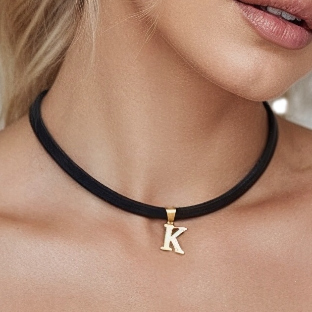 Choker kožený písmenko dárek personalizovaný pro ni chirurgický zlatý