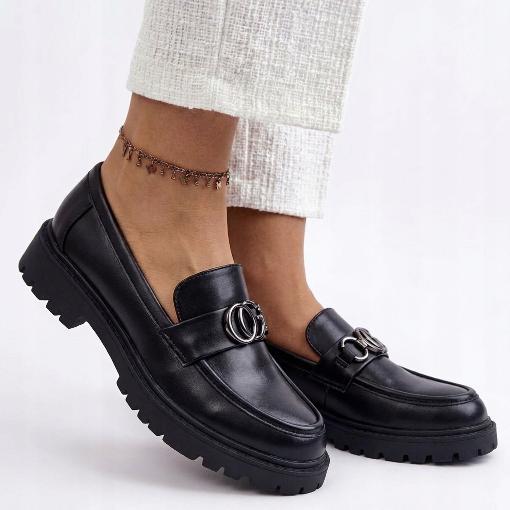Czarne Półbuty Damskie Buty Mokasyny Goodin FL6170 Lekkie Eko Skórzane 39
