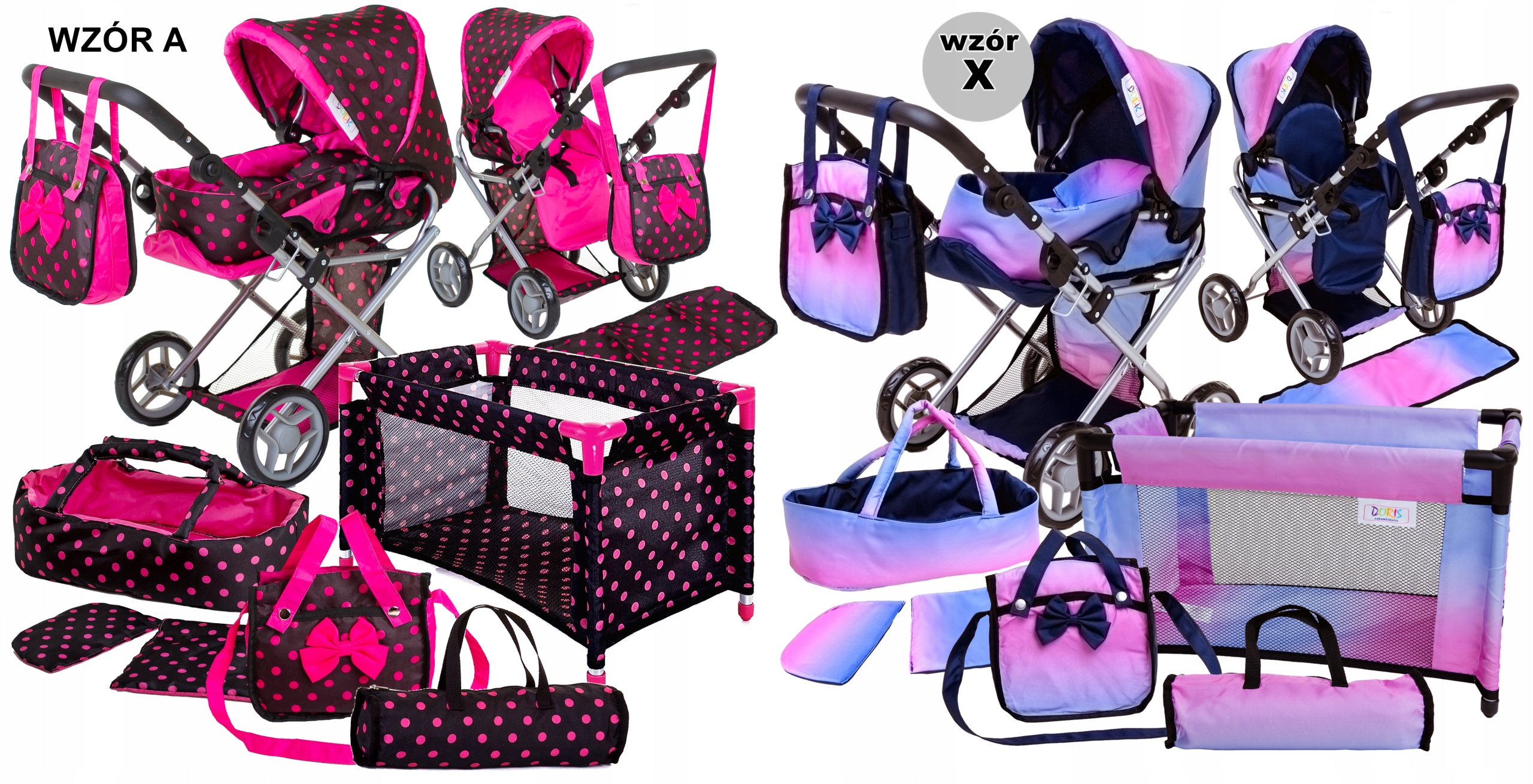 Wózek dla lalek 3w1 ZESTAW XXL -NOSIDŁO ŁÓŻECZKO POŚCIEL TORBA PRZEWIJAK Rodzaj zestaw 3 w 1