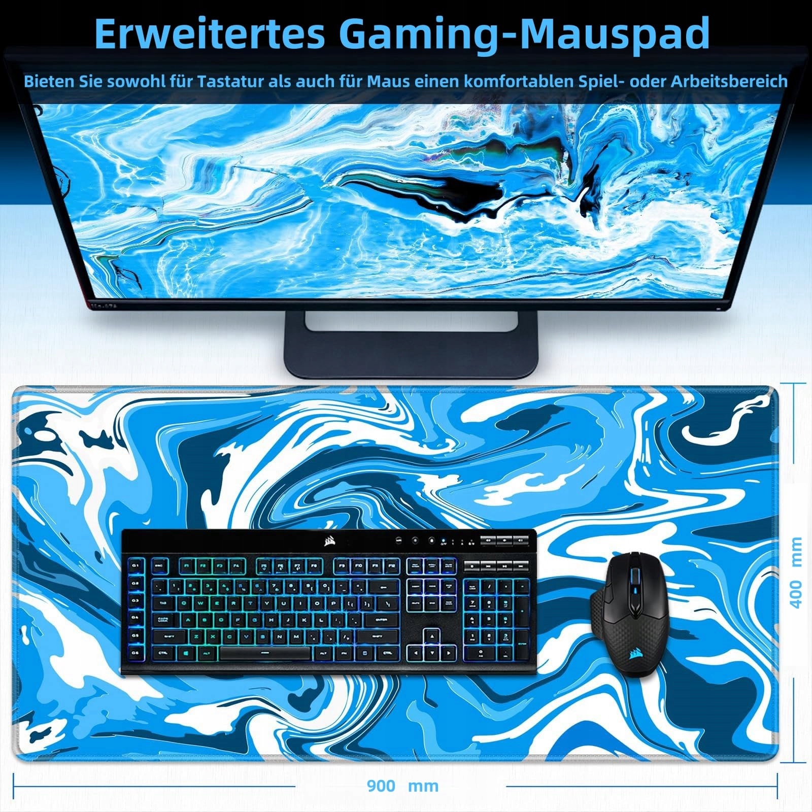LEKUNI DUŻA PODKŁADKA GAMINGOWA XXL 900X400 MM ANTYPOŚLIZGOWA NIEBIESKA — miniatura 2