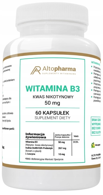 AltoPharma Vitamín B3 Niacín 60kaps. Vitamín PP Energetický metabolizmus