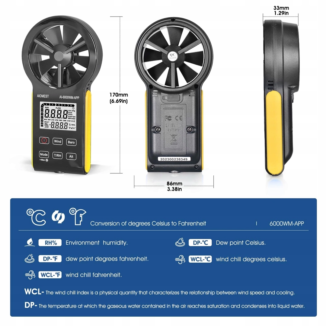 AIOMEST 6000WM-APP Cyfrowy anemometr ręczny miernik wiatru CFM HVAC Model WT87A