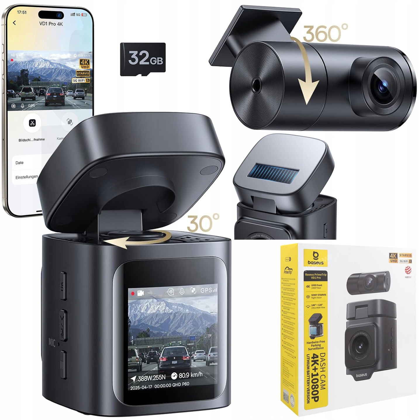 Baseus VD1 Pro Videorekordér Kamera do auta Predná 4K Zadná 1080p 32GB