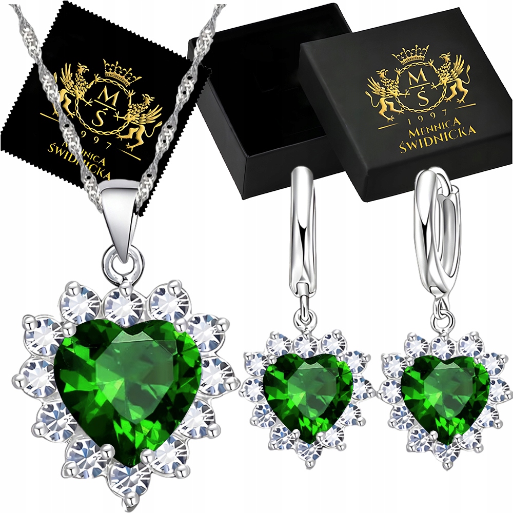 Stříbrný komplet 925 Smaragdové srdce Zirkony Náušnice a náhrdelník Dárek