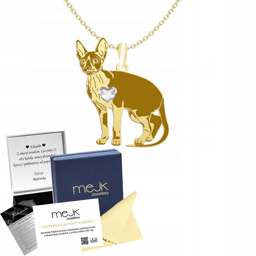 Zlatý náhrdelník s kočkou Cornish Rex 925 Dárek Řetízek Žena Gravírování