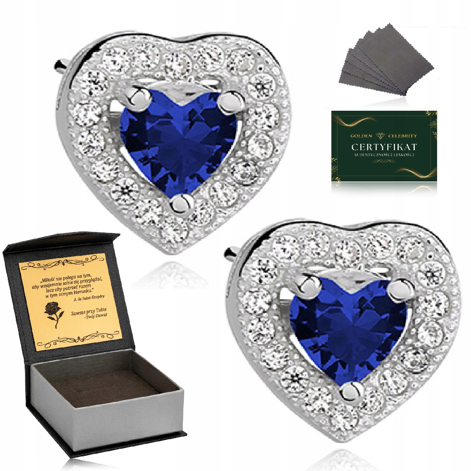 Stříbrné Náušnice Dámské 925 Tmavě Modré Srdce Se Zirkony Gravírování Bonus