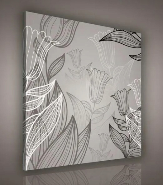 Obraz 80x80 Grafika květy listy monochromatický šedý minimalismus flóra