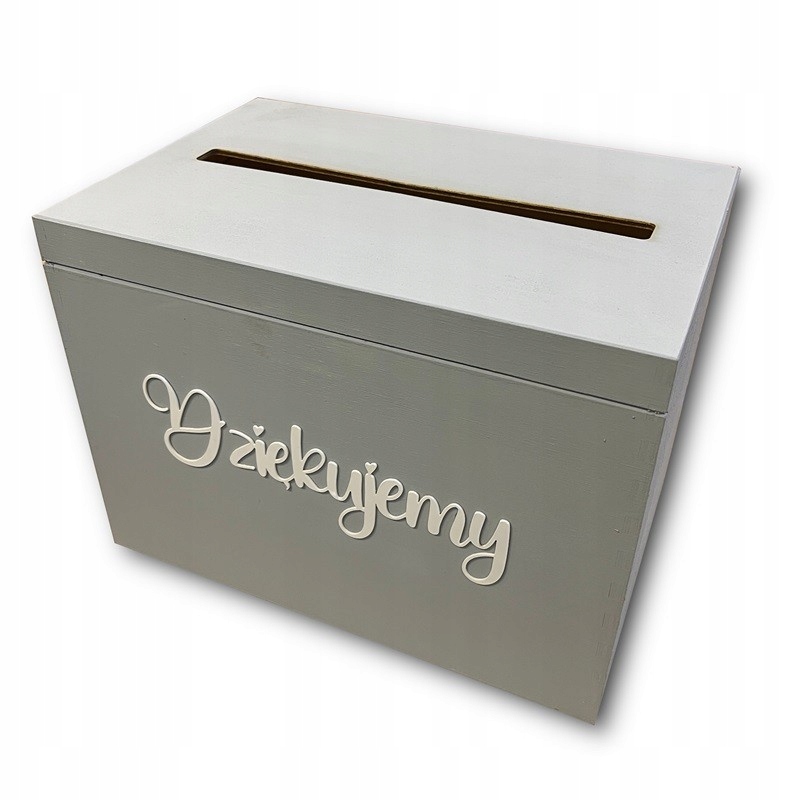 Szara skrzynia pudełko na koperty z białym lustrzanym napisem dziękujemy Wysokość produktu 23 cm